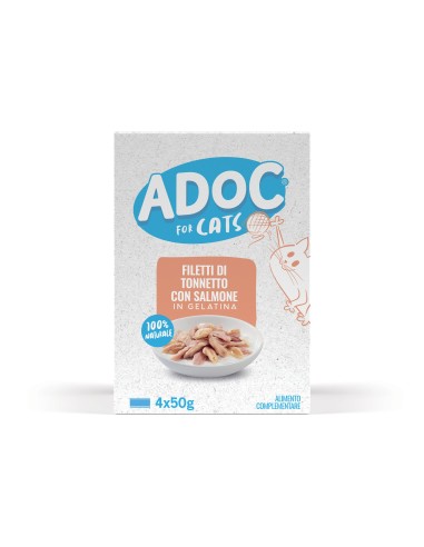 Adoc Cibo Umido per Gatti Adulti con Ingredienti Naturali Trancetti di Tonnetto e Salmone 10 confezioni da 4 lattine da 50gr