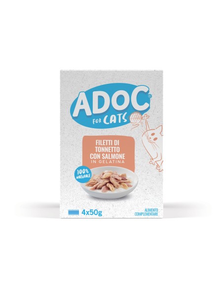 Adoc Cibo Umido per Gatti Adulti con Ingredienti Naturali Trancetti di Tonnetto e Salmone 10 confezioni da 4 lattine da 50gr