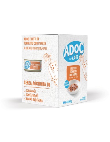 Adoc Cibo Umido per Gatti Adulti con Ingredienti Naturali Trancetti di Tonnetto e Salmone 10 confezioni da 4 lattine da 50gr