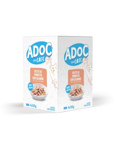 Adoc Cibo Umido per Gatti Adulti con Ingredienti Naturali Trancetti di Tonnetto e Salmone 10 confezioni da 4 lattine da 50gr