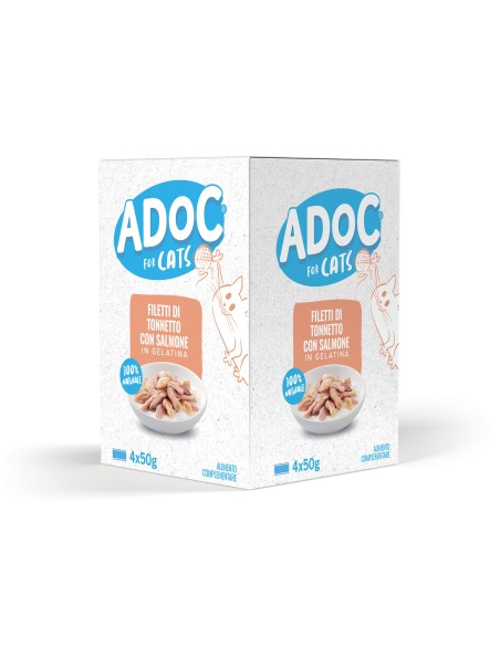 Adoc Cibo Umido per Gatti Adulti con Ingredienti Naturali Trancetti di Tonnetto e Salmone 10 confezioni da 4 lattine da 50gr