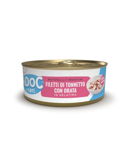 Adoc Cibo Umido per Gatti Adulti con Ingredienti Naturali Trancetti di Tonnetto con Orata - 10 confezioni da 4 lattine da 50gr