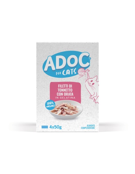 Adoc Cibo Umido per Gatti Adulti con Ingredienti Naturali Trancetti di Tonnetto con Orata - 10 confezioni da 4 lattine da 50gr