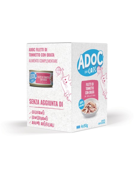 Adoc Cibo Umido per Gatti Adulti con Ingredienti Naturali Trancetti di Tonnetto con Orata - 10 confezioni da 4 lattine da 50gr