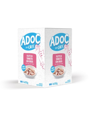 Adoc Cibo Umido per Gatti Adulti con Ingredienti Naturali Trancetti di Tonnetto con Orata - 10 confezioni da 4 lattine da 50gr