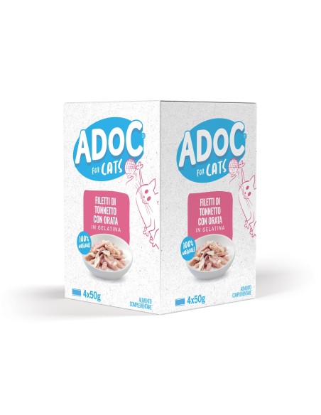 Adoc Cibo Umido per Gatti Adulti con Ingredienti Naturali Trancetti di Tonnetto con Orata - 10 confezioni da 4 lattine da 50gr