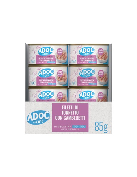 Adoc Cibo Umido per Gatti Adulti con Ingredienti Naturali Trancetti di Tonnetto con Gamberetti NO GRAIN - 24 lattine da 85gr