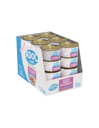 Adoc Cibo Umido per Gatti Adulti con Ingredienti Naturali Trancetti di Tonnetto con Gamberetti NO GRAIN - 24 lattine da 85gr