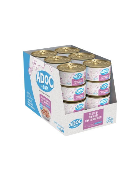 Adoc Cibo Umido per Gatti Adulti con Ingredienti Naturali Trancetti di Tonnetto con Gamberetti NO GRAIN - 24 lattine da 85gr