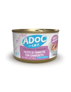 Adoc Cibo Umido per Gatti Adulti con Ingredienti Naturali Trancetti di Tonnetto con Gamberetti NO GRAIN - 24 lattine da 85gr