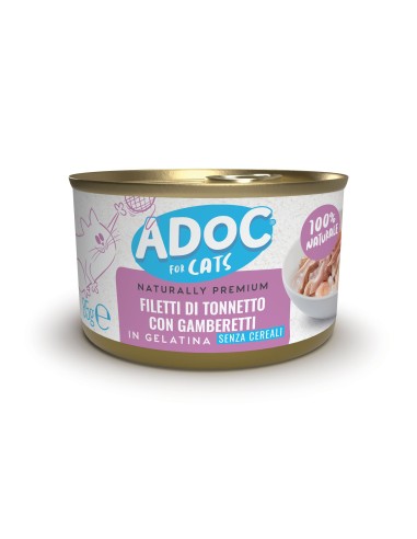 Adoc Cibo Umido per Gatti Adulti con Ingredienti Naturali Trancetti di Tonnetto con Gamberetti NO GRAIN - 24 lattine da 85gr