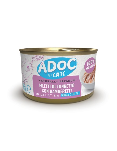 Adoc Cibo Umido per Gatti Adulti con Ingredienti Naturali Trancetti di Tonnetto con Gamberetti NO GRAIN - 24 lattine da 85gr