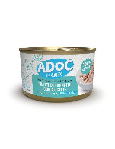 Adoc Cibo Umido per Gatti Adulti Trancetti di Tonnetto Naturale con Alicette NO GRAIN 24 lattine da 85gr