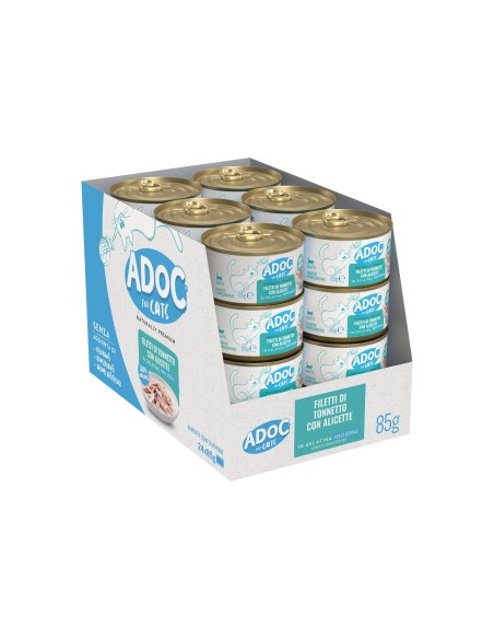 Adoc Cibo Umido per Gatti Adulti Trancetti di Tonnetto Naturale con Alicette NO GRAIN 24 lattine da 85gr