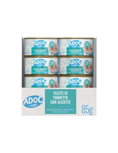 Adoc Cibo Umido per Gatti Adulti Trancetti di Tonnetto Naturale con Alicette NO GRAIN 24 lattine da 85gr