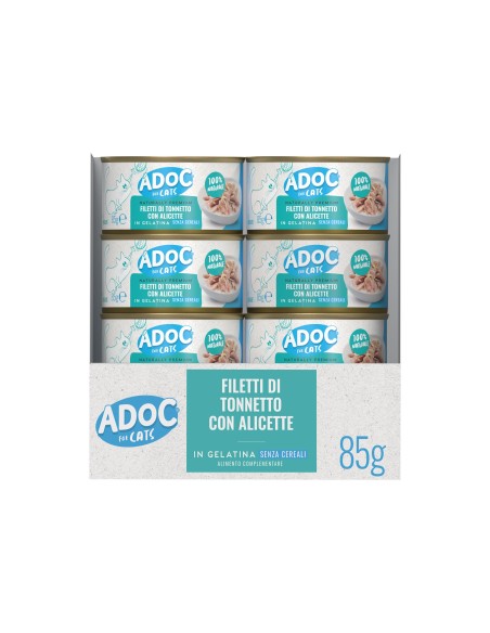 Adoc Cibo Umido per Gatti Adulti Trancetti di Tonnetto Naturale con Alicette NO GRAIN 24 lattine da 85gr