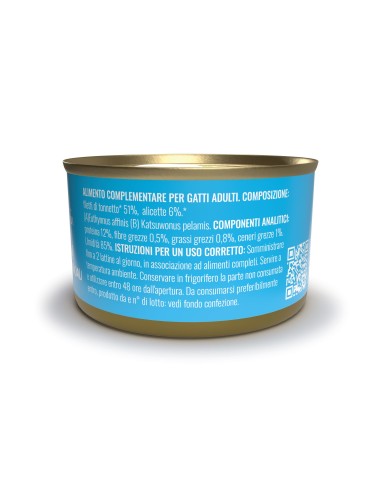 Adoc Cibo Umido per Gatti Adulti Trancetti di Tonnetto Naturale con Alicette NO GRAIN 24 lattine da 85gr