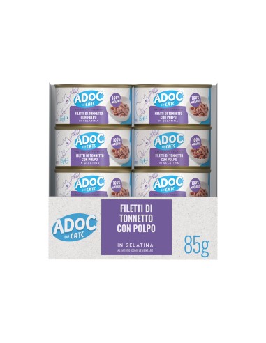 Adoc Cibo Umido per Gatti Adulti con Ingredienti Naturali Trancetti di Tonnetto e Polpo 24 lattine da 85gr