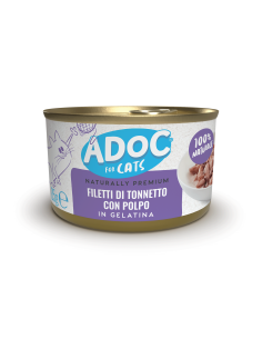 Adoc Cibo Umido per Gatti Adulti con Ingredienti Naturali Trancetti di Tonnetto e Polpo 24 lattine da 85gr