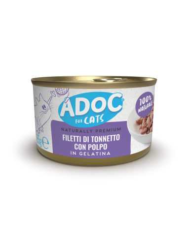 Adoc Cibo Umido per Gatti Adulti con Ingredienti Naturali Trancetti di Tonnetto e Polpo 24 lattine da 85gr