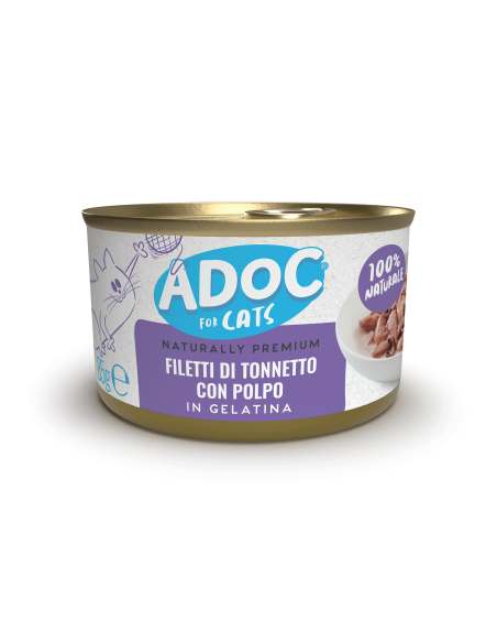 Adoc Cibo Umido per Gatti Adulti con Ingredienti Naturali Trancetti di Tonnetto e Polpo 24 lattine da 85gr
