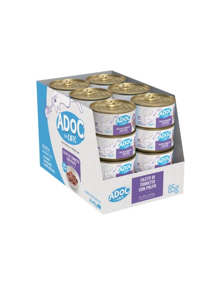 Adoc Cibo Umido per Gatti Adulti con Ingredienti Naturali Trancetti di Tonnetto e Polpo 24 lattine da 85gr